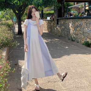 撞色拼接吊带连衣裙女2025夏季新款法式度假风甜美减龄长裙两件套图片