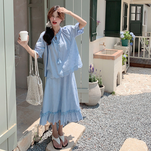 法式浅蓝色上衣半身裙套装女2025年夏季新款设计感小众气质两件套图片