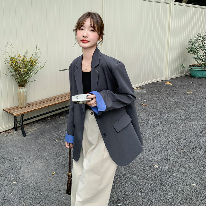韩系通勤风宽松灰色小西装女2025春新款休闲百搭又酷又飒短外套,女装西装,2C198