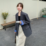 韩系通勤风宽松灰色小西装女2025春新款休闲百搭又酷又飒短外套，女装西装，2C198
