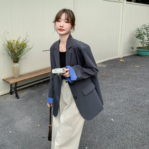 韩系通勤风宽松灰色小西装女2025春新款休闲百搭又酷又飒短外套图片