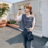 灰色假两件套装女2025夏季一整套ootd穿搭高级感上衣阔腿裤两件套，女装套装/套裙，2C198
