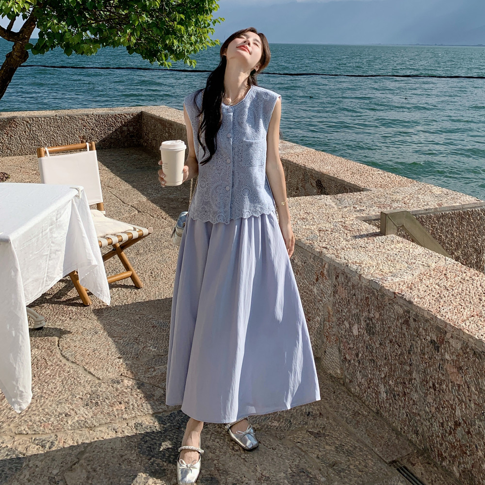 时尚洋气设计感收腰无袖上衣套装女2025夏季新款清新半身裙两件套,女装套装/套裙,2C198
