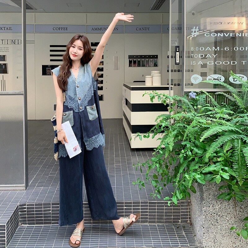 蕾丝拼接马甲阔腿裤套装女夏老钱风小众不撞款大方得体两件套超火,女装套装/套裙,2C198