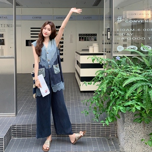蕾丝拼接马甲阔腿裤套装女夏老钱风小众不撞款大方得体两件套超火图片