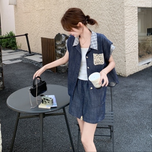小个子轻薄格纹拼接衬衫套装女夏新款小个子休闲显瘦半身裙两件套图片