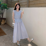 温柔风韩系蓝色蕾丝马甲套装女夏新款高级感气质显瘦半身裙两件套，女装套装/套裙，2C198