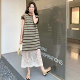 2025夏季新款设计感小众撞色条纹短袖T恤女蕾丝半身裙套装两件套，女装连衣裙，2C198