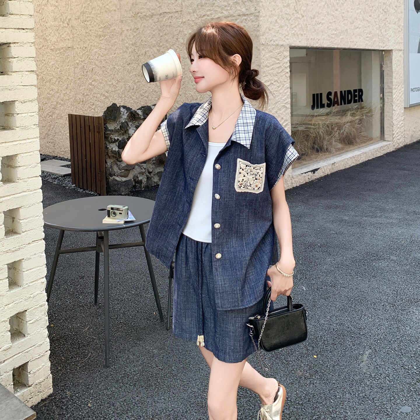 小个子轻薄格纹拼接衬衫套装女夏新款小个子休闲显瘦半身裙两件套,女装套装/套裙,2C198