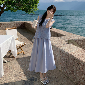 时尚洋气设计感收腰无袖上衣套装女2025夏季新款清新半身裙两件套图片