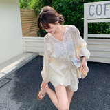 法式复古蕾丝绣花防晒套装女2025夏季新款宽松显瘦上衣短裤两件套，女装套装/套裙，2C198