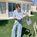 淡人穿搭蓝色休闲套装女夏季2025新款气质通勤圆领上衣长裤两件套，女装套装/套裙，2C198