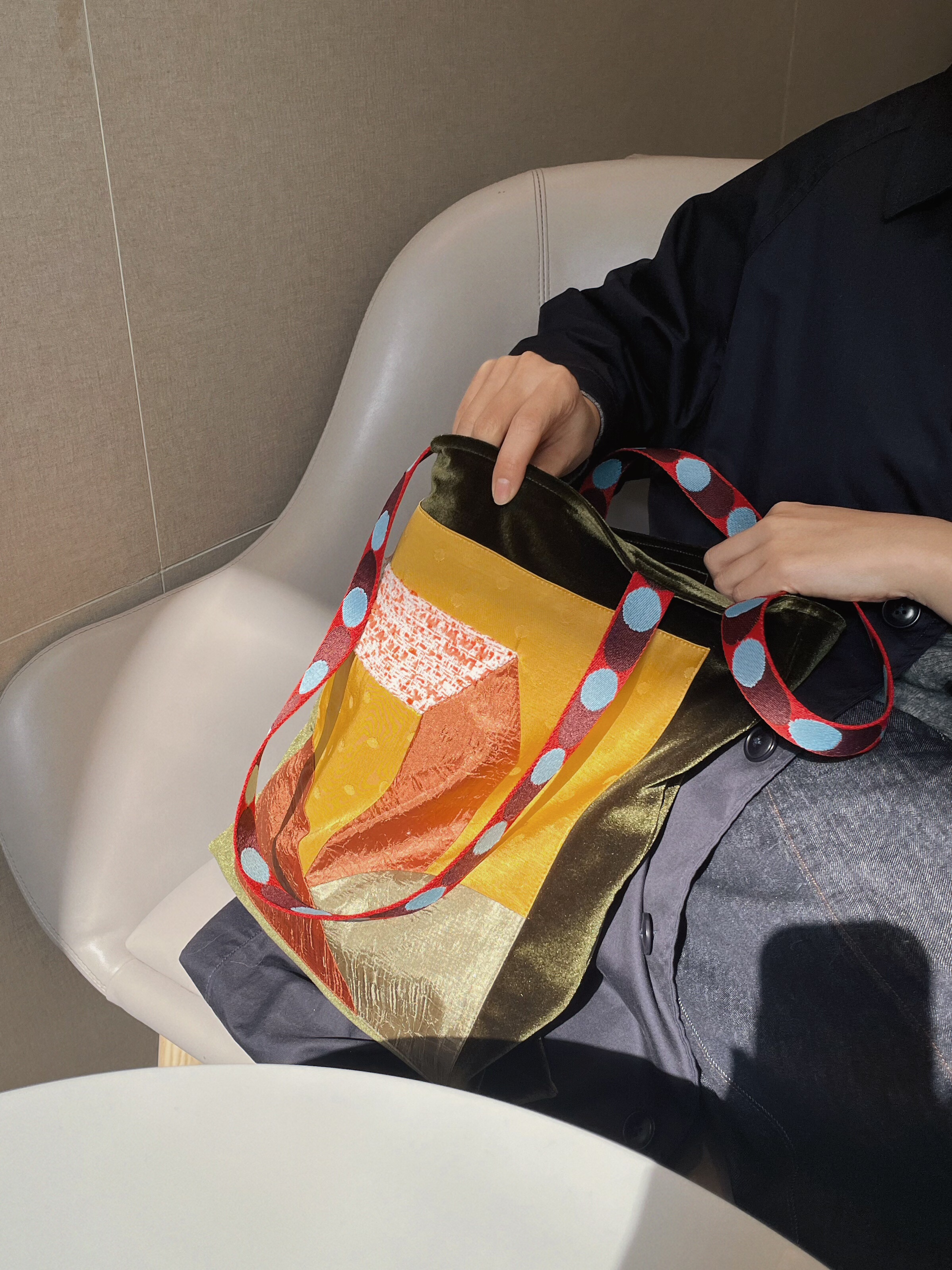 原创 纯手工秋香绿天鹅绒拼图画撞色托特单肩布包