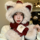 可爱狐狸毛绒帽子围脖一体女秋冬季 加厚防寒保暖骑车两件套护耳帽