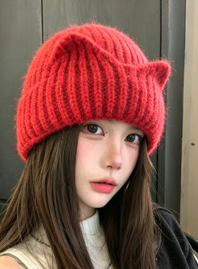 秋冬保暖护耳猫耳针织帽女显脸小