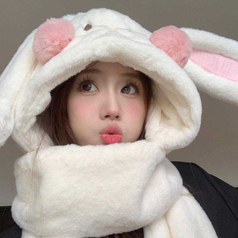 毛绒兔子耳朵帽子围巾手套一体帽三件套可爱女生冬季加厚围脖保暖