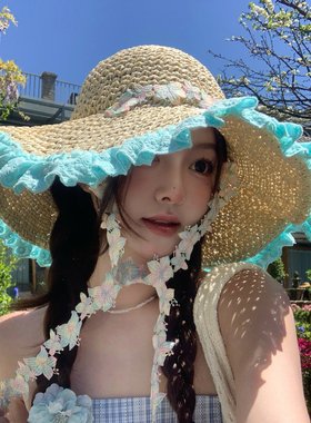 花朵蕾丝飘带草帽女夏季海边沙滩大檐遮阳防晒帽度假草编太阳帽子