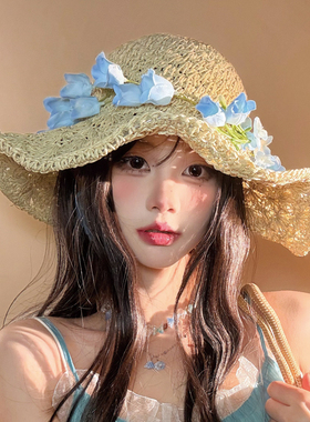 新款度假风花朵装饰渔夫草帽女夏季大檐遮阳防晒沙滩太阳草编帽子
