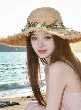 2026新款小蹴鞠花朵草帽女夏季大檐海边沙滩旅游遮阳太阳草编帽子
