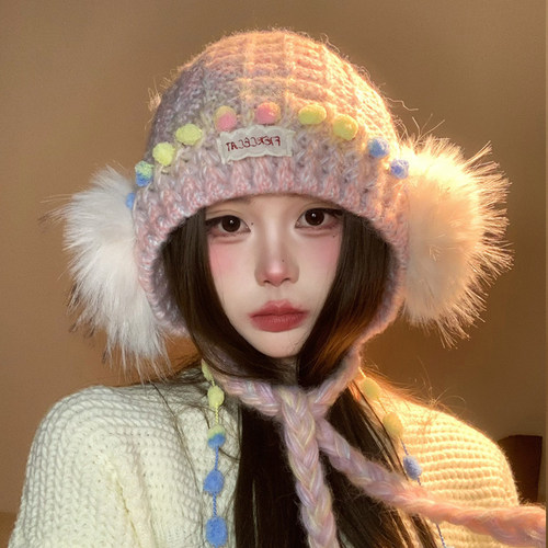 韩系系带毛绒保暖护耳雷锋帽女