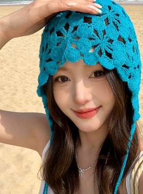 2026新款手工钩织镂空花朵包头帽女夏季流苏针织帽子大头围编织帽