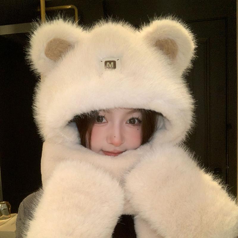 可爱狐狸耳朵毛绒帽子围巾一体