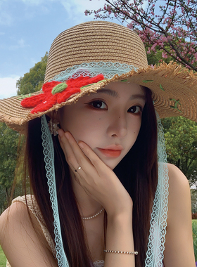 2026新款甜美花朵蓝色飘带草帽女夏季大帽檐遮阳防晒度假太阳帽子