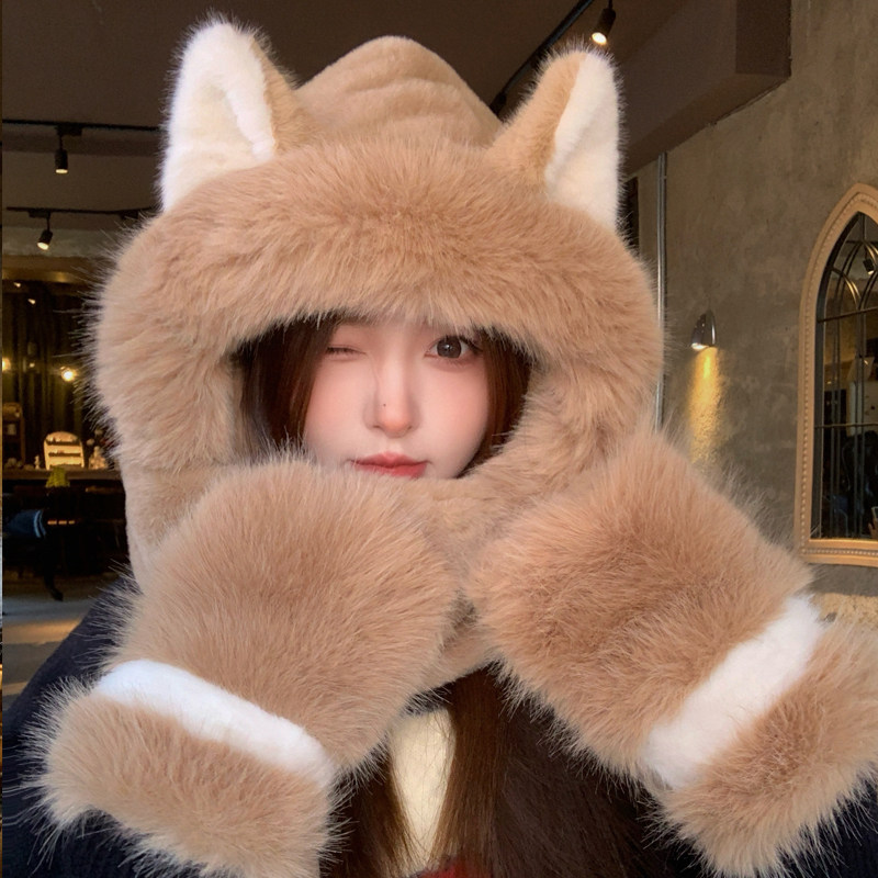 可爱狐狸耳朵毛绒帽子围巾手套一体女冬季加厚保暖防寒骑车三件套,服饰配件/皮带/帽子/围巾,帽子,淘宝优惠券,粉丝福利购,淘宝优惠卷
