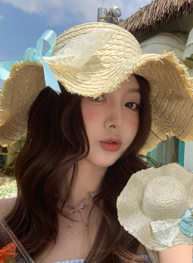 法式蝴蝶结蕾丝带大帽檐草帽女夏季海边度假风草编遮阳沙滩太阳帽