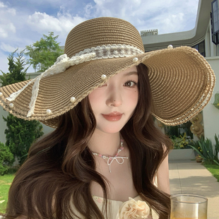 法式珍珠蕾丝大帽檐草编帽女夏季2025新款度假风遮阳防晒太阳帽子