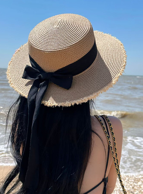 蝴蝶结毛边平顶草帽女夏海边沙滩度假日式夏威夷太阳编织遮阳帽子