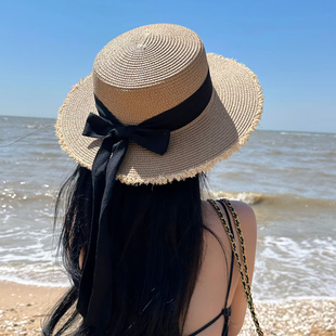 夏威夷太陽編織遮陽帽子 蝴蝶結(jié)毛邊平頂草帽女夏海邊沙灘度假日式