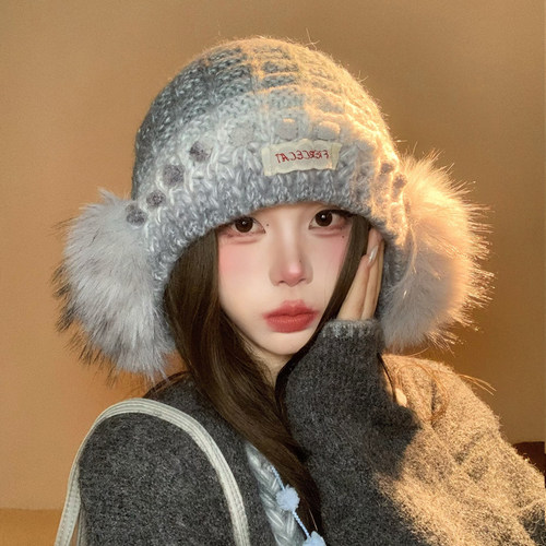 渐变毛绒球护耳毛线帽子女大头围
