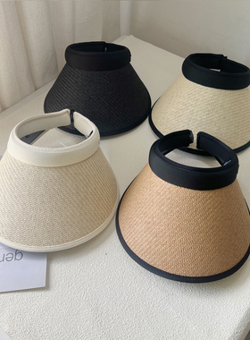 新款uv黑胶防晒草帽子防紫外线女夏户外大檐太阳帽发箍空顶遮阳帽