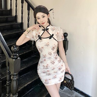直播衣服女主播上镜年轻款新中式性感网纱印花短款改良旗袍连衣裙