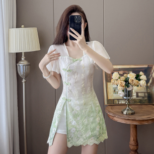 足浴技师工作服套装 国风减龄蕾丝连衣裙足疗工衣采耳师两件套 夏季