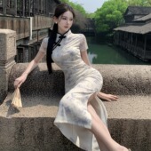 新中式 国风改良旗袍仙气碎花网纱开叉褶皱显瘦包臀中长款 连衣裙女