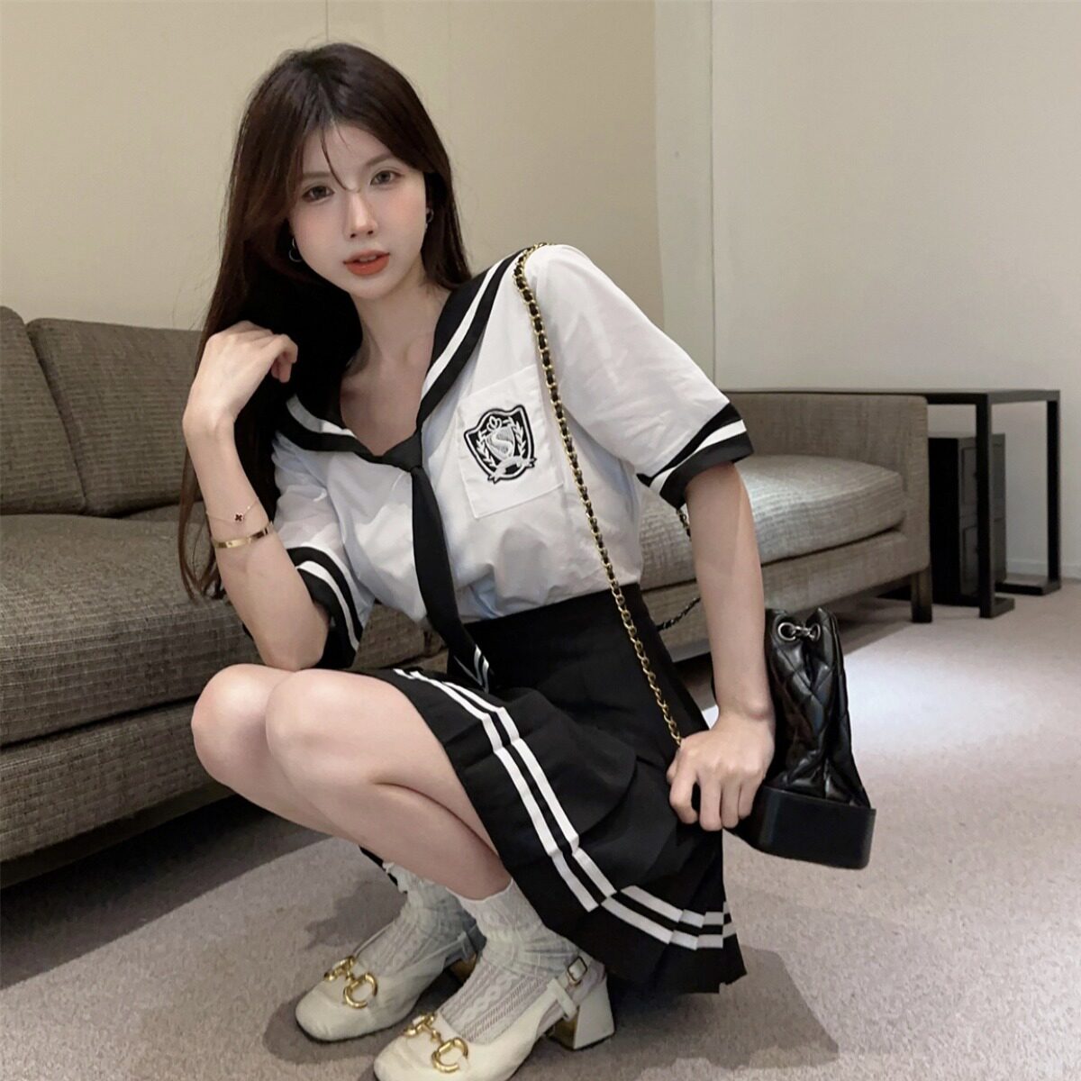 日系jk制服学院风海军领带短袖衬衫衬衣纯欲辣妹女夏百褶短裙套装