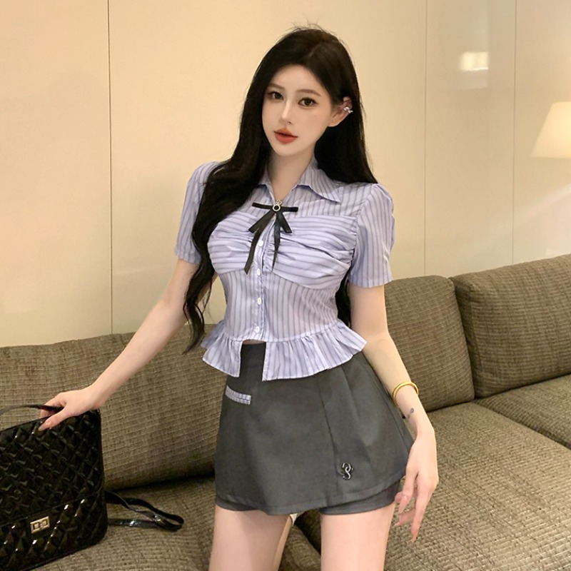 英伦设计感学院风条纹短款衬衫女上衣高腰短裤裙性感JK制服两件套