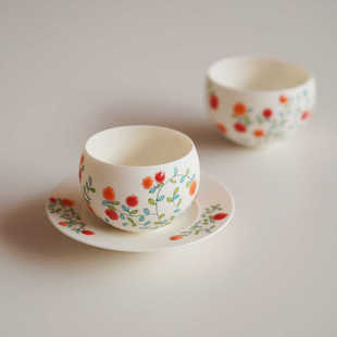 彭勃手绘石榴丸子蛋杯咖啡拉花杯猪口杯