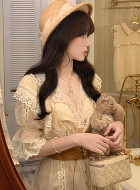 Starry维多利亚限定/重工蕾丝荷叶边娃娃衬衫 日系甜美木耳边短裤