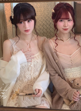 Starry甜美日杂感/丝绒蕾丝花边吊带连衣裙 日系温柔蝴蝶结打底裙