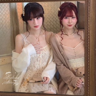 Starry甜美日杂感 日系温柔蝴蝶结打底裙 丝绒蕾丝花边吊带连衣裙