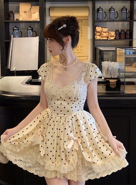 Starry美妙波点/日系甜美蕾丝刺绣荷叶边连衣裙 泡泡袖收腰公主裙