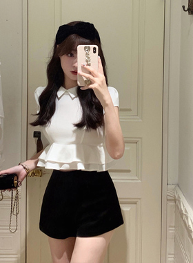 Starry 日杂甜心/娃娃领荷叶边露背小上衣 日系甜美法式短袖衬衫