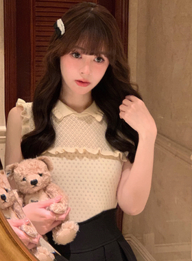 Starry Miu系小千金/娃娃领棉质镂空针织衫 日系甜美木耳边小上衣