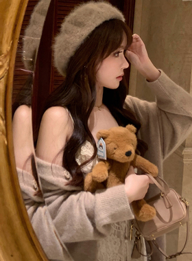 Starry 雪融茶语/浣熊绒羊毛水钻扣中长款开衫 日系甜美针织毛衣