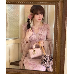 Starry洛神美人/重工金银丝荷叶边收腰连衣裙 日系甜美印花柄长裙