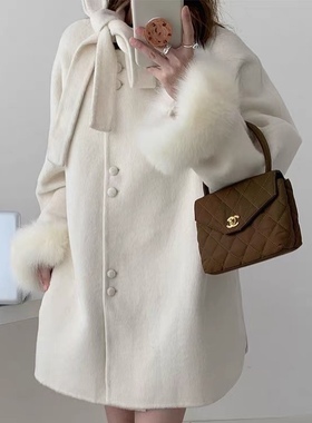 双面呢大衣 飘带领系带单排扣设计真毛拼接袖可拆卸气质 外套1.16