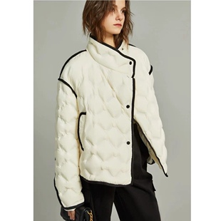 鸭绒羽绒服 立领斜门襟单排按扣织带包边V型钢印撞色百搭外套0.60